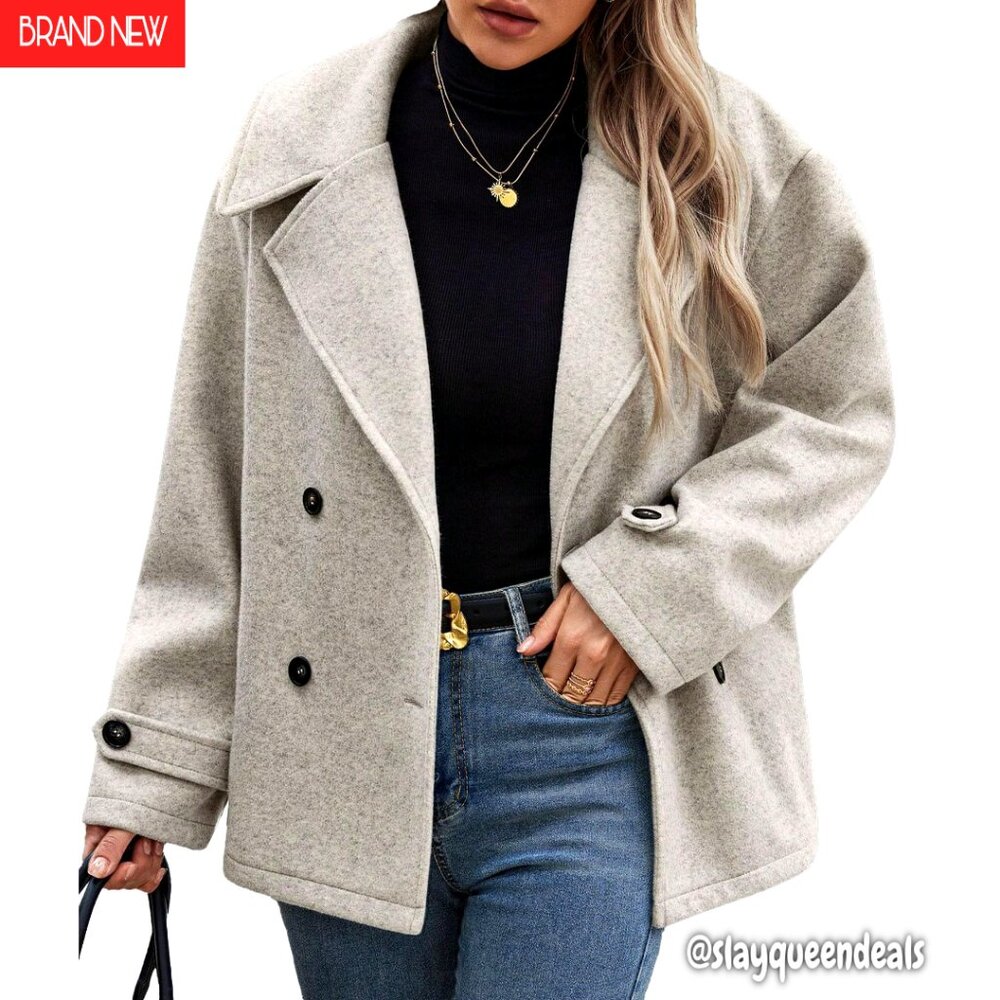 Women's Wool Blend Double Breasted Pea Coat Lapel Blazer Jacket